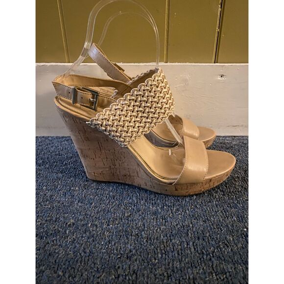 Jessica Simpson Shoes - Jessica Simpson women 8 open toe cork 5” wedge strap tan sandals